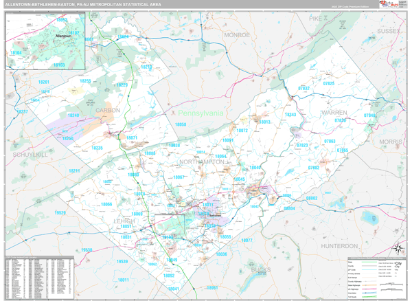 Allentown Bethlehem Easton PA Metro Area Wall Map Premium Style By 